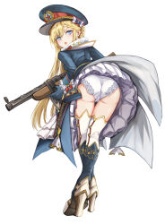 Rule 34 | 1girl, absurdres, angry, belt, blonde hair, blue coat, blue eyes, blue footwear, blue gloves, blue hat, blush, boots, braid, breasts, coat, drum magazine, floor, from behind, fur-trimmed coat, fur trim, girls&#039; frontline, gloves, gun, hair ornament, hand up, hat, high-capacity magazine, high heel boots, high heels, highres, holding, holding weapon, lace, lace-trimmed panties, lace trim, long hair, looking at viewer, magazine (weapon), military, military hat, military uniform, open mouth, panties, ppd-40, ppd-40 (girls&#039; frontline), small breasts, solo, standing, submachine gun, thighhighs, underwear, uniform, weapon, white thighhighs