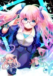 Rule 34 | 1girl, :o, absurdres, blue background, blue eyes, blush, bow, chibi, choker, glasses, hair bow, highres, kirano sion, liver city, long hair, looking at viewer, looking up, open mouth, pink hair, shimotsukishin, solo, twintails, virtual youtuber