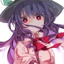 Rule 34 | 1girl, black hat, blue hair, bright pupils, collared shirt, commentary request, hat, hat ornament, hinanawi tenshi, joou heika (precare deum), long hair, looking at viewer, neck ribbon, red eyes, red ribbon, ribbon, shirt, simple background, solo, touhou, upper body, white background, white pupils, white shirt