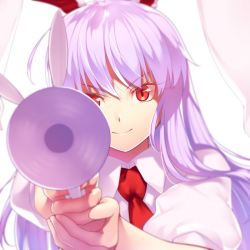 Rule 34 | 1girl, aiming, aiming at viewer, animal ears, face, kaiza (rider000), light purple hair, long hair, looking at viewer, lunatic gun, necktie, puffy sleeves, rabbit ears, red eyes, reisen udongein inaba, shirt, short sleeves, simple background, smile, solo, touhou, white background