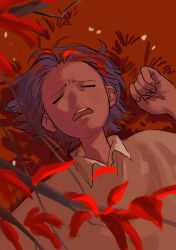 Rule 34 | 1girl, absurdres, autumn leaves, bad id, bad pixiv id, blue hair, closed eyes, collared shirt, commentary request, facing viewer, fingernails, from above, furrowed brow, grass, hand up, highres, leaf, lying, multicolored hair, on back, open mouth, original, red hair, red theme, round teeth, shirt, short hair, solo, streaked hair, teeth, turquoise iro, two-tone hair, white shirt, wing collar