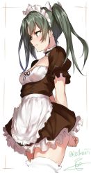 Rule 34 | 10s, 1girl, alternate costume, apron, arms behind back, black ribbon, blush, breasts, brown dress, choker, collarbone, cowboy shot, dress, enmaided, fang, fang out, frilled choker, frilled sleeves, frills, green eyes, green hair, hair ribbon, isshiki (ffmania7), kantai collection, long hair, looking away, looking to the side, maid, maid apron, maid headdress, nose blush, puffy short sleeves, puffy sleeves, ribbon, shiny skin, short dress, short sleeves, signature, simple background, small breasts, solo, standing, thighhighs, twintails, twitter username, underbust, v arms, waist apron, white apron, white background, white ribbon, white thighhighs, zettai ryouiki, zuikaku (kancolle)