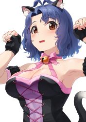 Rule 34 | 1girl, animal ears, antenna hair, armband, bell, black gloves, black shirt, blue hair, blush, bob cut, bow choker, breasts, brown eyes, cat ears, cat tail, choker, cleavage, dress, fake animal ears, fake tail, fingerless gloves, gloves, highres, idolmaster, idolmaster million live!, jingle bell, kamille (vcx68), light frown, looking at viewer, medium breasts, medium dress, neck bell, open mouth, parted bangs, paw pose, pink choker, shirt, short hair, simple background, solo, strapless, strapless shirt, tail, toyokawa fuka, upper body, white background