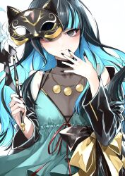 Rule 34 | 1girl, bare shoulders, black hair, black jacket, blue hair, blush, breasts, closed mouth, colored inner hair, dress, eyeliner, fate/grand order, fate (series), green dress, grey eyes, highres, jacket, jewelry, kino kokko, long hair, long sleeves, looking at viewer, makeup, mask, multicolored hair, necklace, off shoulder, open clothes, open jacket, sidelocks, small breasts, smile, solo, tenochtitlan (fate), variant set, wavy hair