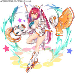 Rule 34 | 1girl, :d, armor, aura, bare shoulders, boots, breasts, collared shirt, elbow gloves, gloves, hair intakes, hand up, hat, holding, inline skates, kai-ri-sei million arthur, large breasts, long hair, looking at viewer, machinery, megaphone, million arthur (series), neptune (series), official art, open mouth, orange heart (neptunia), popqn, red hair, roller skates, shirt, skates, sleeveless, sleeveless shirt, smile, solo, standing, standing on one leg, star (symbol), tennouboshi uzume, v, very long hair, watermark, white gloves