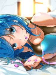 Rule 34 | 1girl, aigami shion, black one-piece swimsuit, blue eyes, blue hair, blue one-piece swimsuit, breasts, cleavage, competition swimsuit, earrings, garter-velvet, heart, highres, in mouth, indoors, jewelry, large breasts, looking at viewer, lying, mole, mole on breast, on bed, on side, one-piece swimsuit, original, short hair, solo, star (symbol), star earrings, swimsuit, two-tone swimsuit, upper body, window