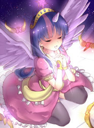 Rule 34 | 1girl, black thighhighs, dress, closed eyes, horns, long hair, magister, multicolored hair, my little pony, my little pony: friendship is magic, personification, pink hair, praying, purple hair, single horn, sitting, solo, spoilers, streaked hair, tears, thighhighs, tiara, twilight sparkle, two-tone hair, wariza, wings