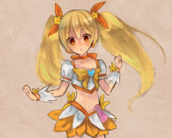 Rule 34 | 10s, 1girl, :o, anago (tokyo retro gokko), bad id, bad pixiv id, blush, bow, brooch, brown background, cure sunshine, dress, hair ribbon, heart, heart brooch, heartcatch precure!, long hair, magical girl, midriff, myoudouin itsuki, navel, open mouth, orange bow, orange dress, orange skirt, orange theme, painting (medium), precure, ribbon, skirt, solo, traditional media, twintails, watercolor (medium), wrist cuffs, yellow bow, yellow eyes, yuzukan02