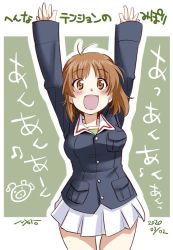 Rule 34 | 1girl, :d, anglerfish, arms up, artist name, beamed eighth notes, blue jacket, brown eyes, brown hair, commentary, cowboy shot, dated, eighth note, emblem, fish, girls und panzer, green shirt, jacket, long sleeves, looking at viewer, military, military uniform, miniskirt, musical note, nishizumi miho, nyororiso (muyaa), ooarai military uniform, open mouth, outline, pleated skirt, shirt, short hair, signature, skirt, smile, solo, standing, translated, uniform, white outline, white skirt