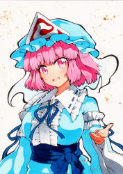 Rule 34 | 1girl, :d, bad id, bad pixiv id, blue hat, blue kimono, blue ribbon, breasts, frills, hat, japanese clothes, kimono, long sleeves, looking at viewer, medium breasts, mob cap, neck ribbon, open mouth, pink eyes, pink hair, qqqrinkappp, ribbon, saigyouji yuyuko, short hair, smile, solo, touhou, traditional media, triangular headpiece, upper body, white background, wide sleeves