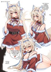 Rule 34 | 2girls, absurdres, animal ear fluff, animal ears, belt collar, black collar, blonde hair, blue hair, breasts, christmas, cleavage, collar, demon horns, dog ears, dog girl, dress, drunk, fur-trimmed dress, fur trim, fuwawa abyssgard, hair ornament, hat, highres, hololive, hololive english, horns, keisea, large breasts, long hair, looking at viewer, multicolored hair, multiple girls, nerissa ravencroft, open mouth, pink eyes, santa dress, santa hat, silhouette, squeans, streaked hair, thighs, virtual youtuber