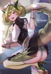 Rule 34 | 1girl, animal ears, apron, breasts, brown choker, choker, cup, dragon ears, dragon girl, dragon horns, dragon tail, dragonmaid (yu-gi-oh!), dress, duel monster, gedou hakurou, green hair, green horns, green sash, high heels, highres, horns, lace-trimmed apron, lace trim, large breasts, maid, open mouth, orange eyes, panties, parlor dragonmaid, sash, solo, tail, teacup, teapot, thighhighs, underwear, wrist cuffs, yu-gi-oh!