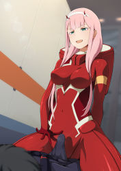 Rule 34 | 10s, 1boy, 1girl, black bodysuit, black hair, blush, bodysuit, breasts, bulge, commentary request, couple, darling in the franxx, erection, erection under clothes, fringe trim, gloves, green eyes, hair ornament, hairband, hetero, highres, hiro (darling in the franxx), horns, large breasts, long hair, looking at another, lying, ocza, on back, oni horns, open mouth, penis, penis grab, pilot suit, pink hair, red bodysuit, red gloves, red horns, short hair, sitting, sitting on person, straddling, upright straddle, white hairband, zero two (darling in the franxx)