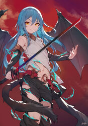 Rule 34 | 1other, arpeggio kaga, blue hair, closed mouth, commentary request, hair between eyes, highres, holding, holding sword, holding weapon, long hair, looking at viewer, navel, red sky, rimuru tempest, shirt, sidelocks, signature, sky, solo, standing, sword, tensei shitara slime datta ken, torn clothes, torn shirt, weapon, wings, yellow eyes