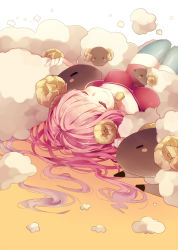 Rule 34 | 1girl, bad id, bad pixiv id, bell, neck bell, collar, closed eyes, horns, itamidome, long hair, lying, megurine luka, on back, pink hair, sheep, sheep horns, sleeping, smile, solo, thighhighs, upside-down, vocaloid, zettai ryouiki
