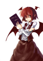Rule 34 | 1girl, absurdres, alternate hairstyle, bad id, bad pixiv id, bc, book, embodiment of scarlet devil, female focus, head wings, highres, koakuma, pen, simple background, solo, standing, touhou, white background, wings