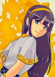 Rule 34 | 1girl, ainu clothes, arms behind back, blue eyes, breasts, fingerless gloves, gloves, hair ribbon, highres, leaning forward, long hair, looking at viewer, nakoruru, purple hair, ribbon, samurai spirits, sideboob, small breasts, smile, snk, solo, the king of fighters