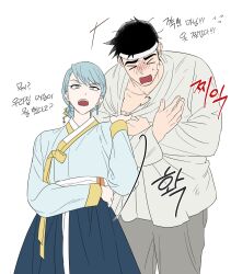 Rule 34 | &gt; &lt;, 1boy, 1girl, absurdres, ace attorney, black hair, blue hair, cowboy shot, dick gumshoe, earrings, franziska von karma, grey eyes, grey pants, gwiga0, hanbok, hand up, hands up, highres, jewelry, korean clothes, korean commentary, korean text, long sleeves, looking at viewer, mole, mole under eye, open mouth, pants, shirt, short hair, simple background, standing, translation request, v-shaped eyebrows, white background, white shirt