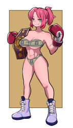 Rule 34 | 1girl, amazu (kurozu), bare shoulders, boots, boxing, boxing gloves, breasts, brown background, championship belt, cleavage, closed mouth, collarbone, commentary, commission, cross-laced footwear, english commentary, eyebrows hidden by hair, fang, fang out, full body, green eyes, hands up, highres, lace-up boots, medium breasts, money print, navel, original, parted bangs, pink hair, ponytail, purple footwear, smile, solo, standing, thick eyebrows, two-tone background, white background