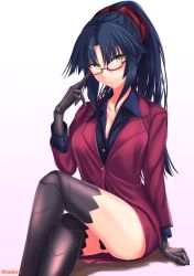 Rule 34 | 1girl, :o, adjusting eyewear, bespectacled, black hair, black shirt, blush, breasts, cleavage, collarbone, commentary request, fate/grand order, fate (series), formal, glasses, hair ribbon, head tilt, joints, katou danzou (fate), crossed legs, long hair, looking at viewer, medium breasts, no bra, pencil skirt, ponytail, purple skirt, purple suit, red-framed eyewear, ribbon, robot joints, sebire, semi-rimless eyewear, shirt, skirt, skirt suit, solo, suit, twitter username, under-rim eyewear, white background, yellow eyes