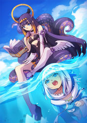 Rule 34 | 2girls, animal hood, blue eyes, blue hair, book, clenched hand, cloud, commentary, english commentary, flat chest, floating, floating book, floating object, gawr gura, gawr gura (1st costume), halo, hololive, hololive english, hood, looking down, low wings, monogram, multicolored hair, multiple girls, ninomae ina&#039;nis, ninomae ina&#039;nis (1st costume), ocean, open mouth, partially underwater shot, platform footwear, pointy ears, shark hood, sharp teeth, silver hair, sky, streaked hair, teeth, tentacles, thighhighs, underwater, virtual youtuber, vmat, wings