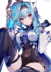 Rule 34 | 1girl, ainy, arm up, black gloves, black leotard, black thighhighs, blue hair, blue necktie, blush, breasts, cape, claymore (sword), closed mouth, commentary request, eula (genshin impact), eyelashes, genshin impact, gloves, greatsword, grey eyes, hair between eyes, hair ornament, hairband, hand on own knee, head tilt, highres, holding, holding sword, holding weapon, large breasts, leg up, leotard, long hair, long sleeves, looking at viewer, necktie, parted lips, sidelocks, simple background, sitting, solo, sword, thighhighs, twitter username, two-tone gloves, v-shaped eyebrows, vision (genshin impact), weapon, white background, yellow eyes, zettai ryouiki