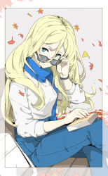 Rule 34 | 1girl, adjusting eyewear, autumn leaves, bad id, bad tumblr id, bag, bench, black-framed eyewear, blonde hair, blue eyes, blue pants, blue scarf, casual, closed mouth, copyright request, crossed legs, denim, falling leaves, glasses, grey background, hair between eyes, jeans, leaf, long hair, long sleeves, mole, mole under mouth, nail polish, ninimo nimo, pants, park bench, partially colored, red nails, scarf, shirt, simple background, sitting, smile, solo, white shirt, wristband