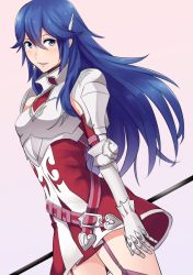 Rule 34 | 1girl, ameno (a meno0), armor, bad id, bad twitter id, belt, blue hair, breastplate, cordelia (fire emblem), cordelia (fire emblem) (cosplay), cosplay, dress, fire emblem, fire emblem awakening, garter straps, gradient background, hair ornament, holding, holding weapon, long hair, lucina (fire emblem), nintendo, parted lips, polearm, short dress, simple background, solo, thighhighs, thighs, weapon, wing hair ornament, zettai ryouiki