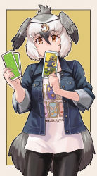 Rule 34 | 2girls, absurdres, animal ears, bindle, bird girl, bird wings, black leggings, black skirt, blue sweater, bow, bowtie, casual, commentary request, common raccoon (kemono friends), denim, denim jacket, elbow gloves, fangs, fur collar, gloves, greater rhea (kemono friends), grey gloves, grey hair, grey legwear, head chain, head wings, highres, jacket, jewelry, kemono friends, kemono friends 3, leggings, loafers, long sleeves, moon (ornament), multicolored hair, multiple girls, official alternate costume, open mouth, orange eyes, pantyhose, pleated skirt, puffy short sleeves, puffy sleeves, raccoon ears, raccoon girl, raccoon tail, shirt, shoes, short hair, short sleeves, skirt, sleeves rolled up, sweater, t-shirt, tail, tarot, tarot set, the fool (tarot), toriny, two-tone hair, two-tone legwear, white fur, white hair, white legwear, white shirt, wings