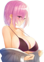 Rule 34 | 1girl, bare shoulders, bikini, bikini top only, black bikini, blush, breasts, cleavage, closed mouth, collarbone, commentary, expressionless, eyelashes, eyes visible through hair, fate/grand order, fate (series), hair between eyes, halterneck, hands up, highres, hood, hood down, hooded jacket, hoodie, jacket, large breasts, long sleeves, looking away, looking to the side, mash kyrielight, off shoulder, open clothes, open jacket, purple eyes, purple hair, short hair, simple background, skindentation, solo, swimsuit, underboob, white background, xiaodi