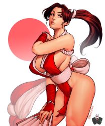 Rule 34 | 1girl, arm guards, bad anatomy, bare shoulders, between breasts, blanclauz, breasts, brown eyes, brown hair, cleavage, folded fan, commentary, english commentary, fatal fury, female focus, folding fan, hand fan, high ponytail, holding, holding fan, large breasts, looking to the side, matching hair/eyes, ninja, obi, parted lips, pelvic curtain, ponytail, revealing clothes, rope, sash, shiranui mai, sideboob, snk, solo, the king of fighters, thighs