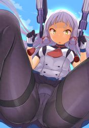 Rule 34 | 10s, 1girl, backlighting, between legs, black pantyhose, blue skirt, blush, breasts, cloud, covered erect nipples, day, eyebrows, from below, gloves, green eyes, hair ribbon, highres, jovejun, kantai collection, legs, light purple hair, long hair, looking at viewer, medium breasts, murakumo (kancolle), murakumo kai ni (kancolle), necktie, open mouth, outdoors, panties, panties under pantyhose, pantyhose, pleated skirt, red necktie, red ribbon, ribbon, shirt, short sleeves, skirt, sky, solo, spread legs, thick eyebrows, thighband pantyhose, thighs, underwear, upskirt