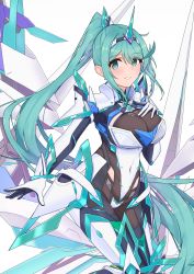 Rule 34 | 1girl, absurdres, breasts, chest jewel, close-up, earrings, gloves, greek text, green eyes, green hair, headpiece, highres, jewelry, large breasts, long hair, pneuma (xenoblade), ponytail, shizuki muika, simple background, solo, swept bangs, tiara, very long hair, white background, xenoblade chronicles (series), xenoblade chronicles 2
