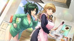 Rule 34 | 2girls, apron, ayato utae, blonde hair, blue sky, blunt bangs, blush, breasts, chocolate, cleavage, cloud, collared shirt, dolphin wave, food, fruit, green eyes, green hair, hand on own hip, harunami anri, highres, kettle, kitchen, large breasts, licking, licking finger, long sleeves, mole, mole under eye, multiple girls, naked shirt, official art, ootomo takuji, pink apron, ponytail, shirt, sky, sparkle, strawberry, table, tongue, tongue out, wavy hair, yellow eyes