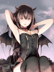 Rule 34 | 1boy, armpits, arms behind head, arms up, black skirt, black thighhighs, black wings, brown eyes, brown hair, chain, choker, crossdressing, demon horns, demon tail, demon wings, fuuchouin kazuki, getbackers, hair between eyes, hands in hair, highres, horns, jewelry, key, lace, lace-trimmed skirt, lace trim, lock, long hair, looking at viewer, male focus, padlock, papillon10, pendant, sitting, skirt, sleeveless, solo, strap slip, tail, thighhighs, trap, very long hair, wings