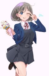 Rule 34 | 1girl, blue eyes, chinese commentary, food, grey hair, highres, ice cream, ice cream cone, leg up, light brown hair, looking at viewer, love live!, love live! superstar!!, miniskirt, ojyomu, one eye closed, parted bangs, school uniform, short hair, simple background, skirt, smile, solo, standing, standing on one leg, tang keke, tongue, tongue out, v