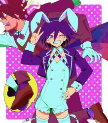 Rule 34 | !?, 2boys, animal ears, blush, border, bow, bowtie, clenched teeth, collared shirt, commentary, cropped jacket, crossdressing, danganronpa (series), danganronpa v3: killing harmony, detached collar, english commentary, fake animal ears, flipped hair, gloves, grin, hair between eyes, hairband, hand on own hip, highres, jacket, looking at viewer, lovepoints, male focus, momota kaito, multiple boys, oma kokichi, one eye closed, open mouth, outside border, pectoral cleavage, pectorals, polka dot, polka dot background, purple bow, purple bowtie, purple eyes, purple hair, purple jacket, rabbit ears, ringed eyes, shirt, short hair, size difference, smile, speech bubble, standing, surprised, teeth, thighhighs, tripping, v, white border, white gloves, white hairband, white thighhighs