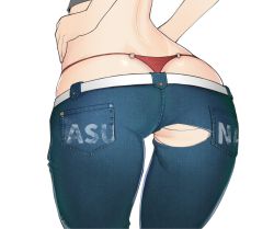 Rule 34 | 1girl, ass, ass focus, bad id, bad twitter id, belt, bikini, character name, clothes writing, creatures (company), crop top, denim, derivative work, flannery (pokemon), from behind, game freak, gatchan, gym leader, hands on own hips, highres, hip focus, nintendo, o-ring, o-ring bikini, pants, pocket, pokemon, red bikini, simple background, skindentation, solo, swimsuit, thong bikini, torn clothes, torn pants, whale tail (clothing), white background