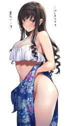 Rule 34 | 1girl, amagami, bare arms, bare shoulders, bikini, black hair, black hairband, blue eyes, blue sarong, blush, breasts, cleavage, clothes lift, commentary request, cowboy shot, curly hair, floral print, frilled bikini, frills, grin, hairband, hand on own stomach, large breasts, lifted by self, long hair, looking at viewer, morishima haruka, navel, parted lips, print bikini, print sarong, sarong, sarong lift, see-through, shouji nigou, sidelocks, simple background, smile, solo, standing, stomach, swimsuit, translation request, white background, white bikini