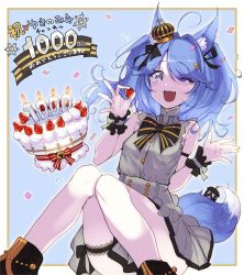 Rule 34 | 1girl, :d, animal ear fluff, animal ears, ankle boots, blue hair, blush, boots, border, cake, copyright request, crown, eyes visible through hair, facing viewer, fold-over boots, food, fox ears, fox tail, fruit, grey eyes, hand up, hands up, highres, holding, holding food, holding fruit, looking at viewer, milestone celebration, mini crown, one eye closed, open mouth, smile, solo, strawberry, tail, twintails, virtual youtuber, white border, wristband, z-ton