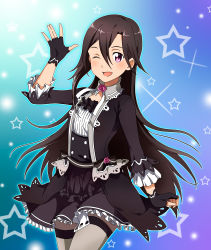Rule 34 | 10s, 1boy, absurdres, androgynous, black gloves, black hair, black skirt, crossdressing, fingerless gloves, gloves, grey thighhighs, highres, kirito, kirito (sao-ggo), long hair, looking at viewer, male focus, maximilian-destroyer, official style, one eye closed, open mouth, skirt, solo, star (symbol), sword art online, thighhighs, trap, zettai ryouiki