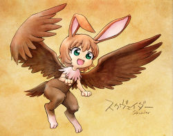 Rule 34 | 1girl, :d, animal ears, brown hair, character name, commentary request, cryptid, feathered wings, fewer digits, full body, green eyes, monster girl, open mouth, original, rabbit ears, short hair, skvader, smile, solo, unno hotaru, wings