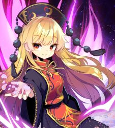 Rule 34 | 1girl, aura, black dress, black hat, black sash, blonde hair, breasts, commentary request, dress, fingernails, happy, harakune (mugennero), hat, highres, junko (touhou), junko day, long fingernails, long hair, long sleeves, looking at viewer, nail polish, neck ribbon, phoenix crown, pom pom (clothes), red eyes, red nails, red tabard, ribbon, sash, small breasts, smile, solo, tabard, tassel, touhou, very long hair, wide sleeves, yellow ribbon