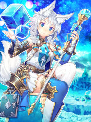 Rule 34 | 1girl, absurdres, animal ears, asymmetrical legwear, blue eyes, blue thighhighs, book, braid, detached sleeves, fantasy, highres, holding, holding weapon, kibamigohann, looking at viewer, original, solo, staff, tail, thighhighs, twin braids, uneven legwear, weapon, white thighhighs