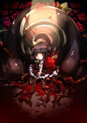 Rule 34 | 1girl, 1other, bad source, black dress, black hair, blood, blood on arm, blood on face, crown, dress, flower, frilled dress, frills, horns, leaf, looking at viewer, mini crown, parted lips, plant, red eyes, red flower, red rose, rose, rose (rose to tasogare no kojou), rose to tasogare no kojou, short hair, thorns, titan (rose to tasogare no kojou), vines