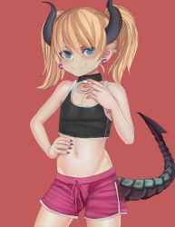 Rule 34 | 1girl, aruman, bare shoulders, black nails, black shirt, blonde hair, blue eyes, closed mouth, collar, collarbone, cowboy shot, crop top, dragon tail, earrings, female focus, fingernails, flat chest, hair between eyes, hand on own hip, hand up, happy, highres, horns, jewelry, looking at viewer, midriff, nail polish, original, pink shorts, pointy ears, red background, shirt, short shorts, shorts, simple background, sleeveless, sleeveless shirt, smile, solo, standing, tail, twintails