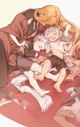 Rule 34 | 1girl, aged down, bbfrog, blonde hair, closed mouth, dante (devil may cry), devil may cry (series), dress, eva (devil may cry), family, hair slicked back, highres, long hair, male focus, mother and son, multiple boys, parent and child, siblings, sleeping, smile, vergil (devil may cry), white background, white hair