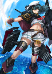 Rule 34 | 10s, 1girl, cape, eyepatch, from below, green eyes, green hair, grin, hat, kantai collection, kiso (kancolle), kiso kai ni (kancolle), matching hair/eyes, midriff, navel, pleated skirt, skirt, smile, solo, sturmjaeger (daybreaks0), sword, water, weapon