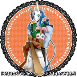 Rule 34 | digimon, digimon (creature), halloween, halloween costume, horns, long hair, mask, red eyes, tanemon, yaksamon