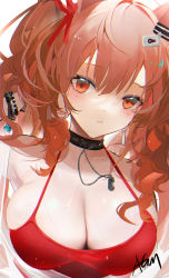 Rule 34 | 1girl, angelina (arknights), angelina (summer flower) (arknights), animal ears, arknights, artist name, black choker, bracelet, breasts, brown hair, chinese commentary, choker, cleavage, commentary request, earrings, fox ears, fox girl, hand up, highres, jewelry, large breasts, long hair, looking at viewer, necklace, official alternate costume, omone hokoma agm, one-piece swimsuit, parted lips, partially submerged, red eyes, red one-piece swimsuit, see-through, single earring, solo, swimsuit, swimsuit cover-up, teeth, twintails, upper body, water drop